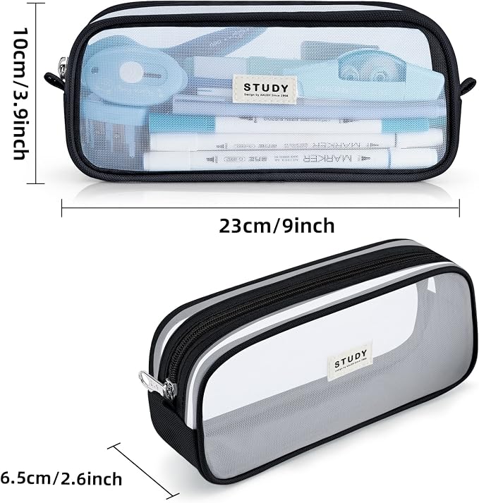 KALIDI Grid Mesh Pencil Case Pouch Large Capacity Pencil Bag with Zipper | Pencil Pouch Black Simple Stationery Bag Aesthetic Pen Bag for School Teen Girl Boy Multi-Purpose Bag for Office Men Women