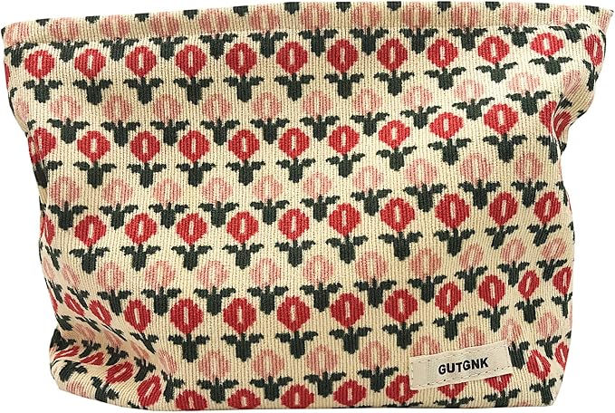 GUTGNK Corduroy Ladies Cosmetic Bag, Large Capacity Canvas Cosmetic Bag Travel Toiletry Bag Accessories Organizer, Little Red Flower