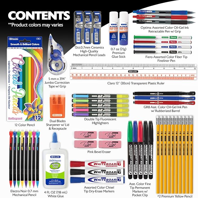 BAZIC PRODUCTS School Supplies Kit – 66 Piece Set for K–12 Students, Stationery Essentials with Colored Pencils, Markers, Pencils, Glue, Erasers, Highlighters, & Correction Tape, 1-Pack