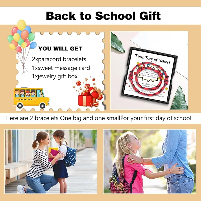 Back to School Gifts Mommy and Me Bracelets Kindergarten School Supplies | Back to school bracelet set of 2, paracord with sliding knot, includes keepsake card and jewelry box