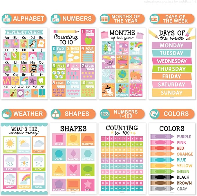 Hadley Designs 16 Educational Posters for Classroom Must Haves - Laminated Pre-K Posters for Toddler Homeschool Essentials, Toddler & Preschool Learning Activities, Kindergarten Classroom Decor