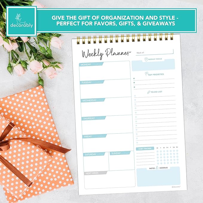 Decorably 52 Sheets Blue Undated Weekly Planner Notepad - 6.5x10in Spring-Bound, Easy Tear-Off Design, with Focus, Priorities, to-do List, Habit Tracker & Notes - Home, School, Office