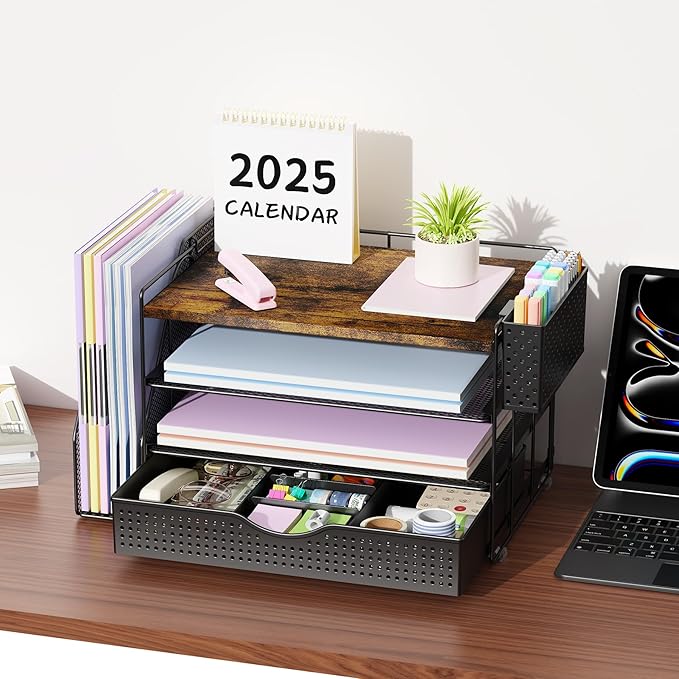 gianotter Wood Desk Organizers and Accessories with File Holder, 4-Tier Desk Accessories & Workspace Organizers with Drawer and Pen Holder, Desk Reference Organizer (Wood, 4T with Drawer)