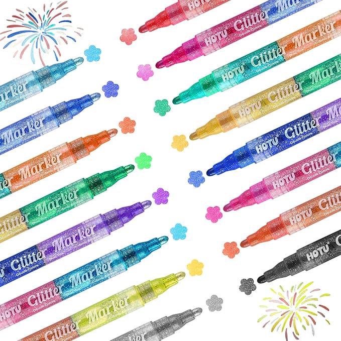 HOTU Glitter Markers Pens, 16 Colors Glitter Acrylic Paint Pens, Sparkly Metallic Dual-Tone Reversible Smooth Tips Shimmer Marker 8 Count for Coloring, Rock Painting, Wood, Fabric, DIY Craft