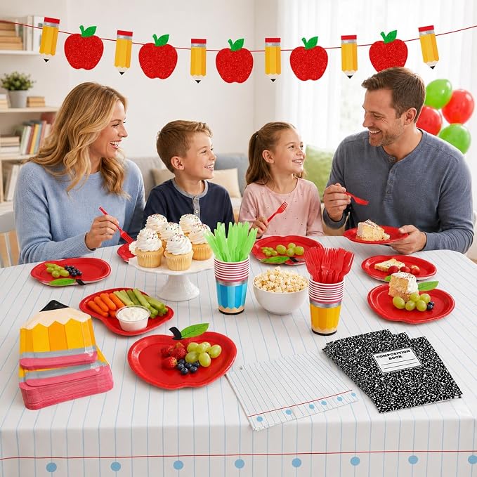 QIYANPAX 122Pcs Back to School Decorations Includes Apple Plates, Pencil Plates, Napkins, Forks, Cups, Banner and Tablecloth for First Day of School Decorations, Serves 24