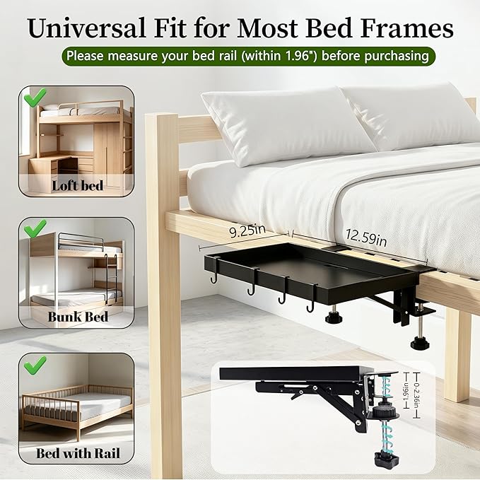 Foldable Bedside Shelf for Dorm Bunk Bed,Heavy Duty Metal Clip-On Bed Table Tray College Dorm Room Essentials,Bed Side Caddy Nightstand Alternative Organizer with Hooks&Removable Cup Holder Black