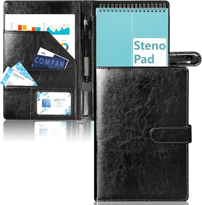6 x 9 Inch Steno Pad Holder PU Leather Black Steno Pad Cover Business Padfolio Organizer Compatible with 6 x 9 Steno Notebook Portfolio Pocket Organizer With Pen Loop for Business