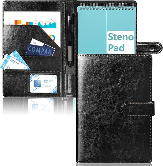 6 x 9 Inch Steno Pad Holder PU Leather Black Steno Pad Cover Business Padfolio Organizer Compatible with 6 x 9 Steno Notebook Portfolio Pocket Organizer With Pen Loop for Business