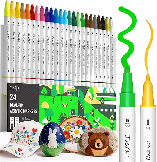 JusArt 24 Colors Acrylic Paint Markers, Dual Tip Coloring Markers with Dot and Fine Tip for Rock, Fabric, Wood, Glass, Ceramic, Canvas, Vibrant Art Supplies and DIY Crafts Art Supplies