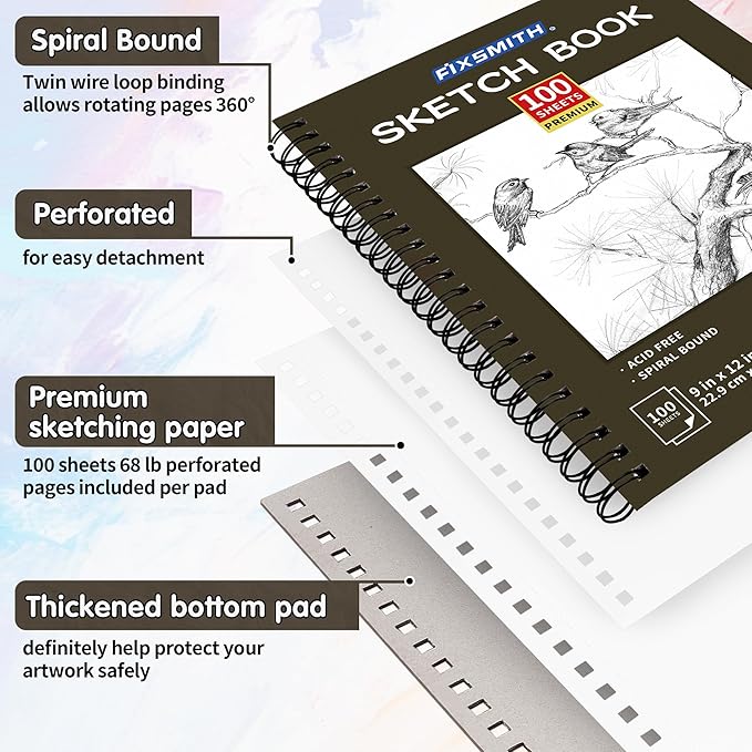 FIXSMITH 9"X12" Brown Sketch Book, 400 Sheets (68 lb/100gsm) Spiral Sketchbook, Acid Free Drawing Paper, Sketch Pad for Beginners,Artists & Professionals, Bright White