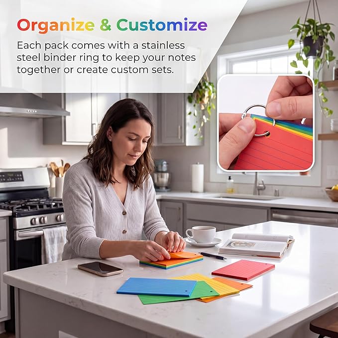 Colored Index Cards 3x5 Inch with Ring - 288 Count Neon Colored Ruled Index Flash Cards for Studying, Lined Index Note Cards 3x5 Flashcards, Notecards 3 x 5 Lined Small Index Cards Ruled 6 Pack of 48