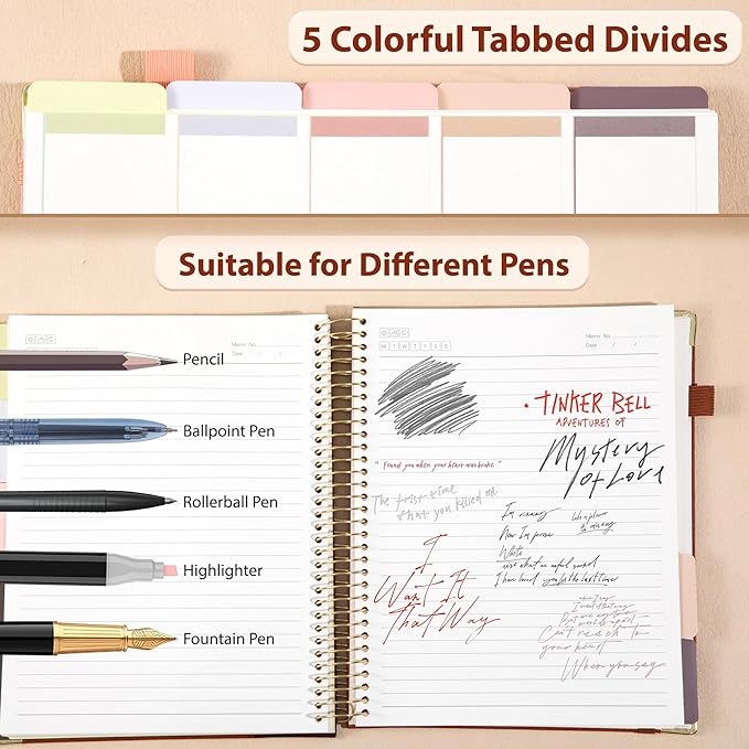 Yoment Hardcover Spiral Notebook 8.5" x 11" Leather 5 Subject Notebook College Ruled with Dividers Tabs 300 Pages Large Spiral Journal Notebooks for Work School Note-Taking Business, Brown