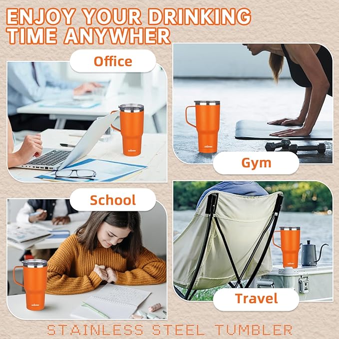 20 oz Insulated Coffee Mug with Ceramic Coating, Stainless Steel Travel Mug Tumbler with Handle Lid and Straw, Double Wall Leak-Proof Coffee Travel Mug Keeps Drink Hot and Cold (Orange)