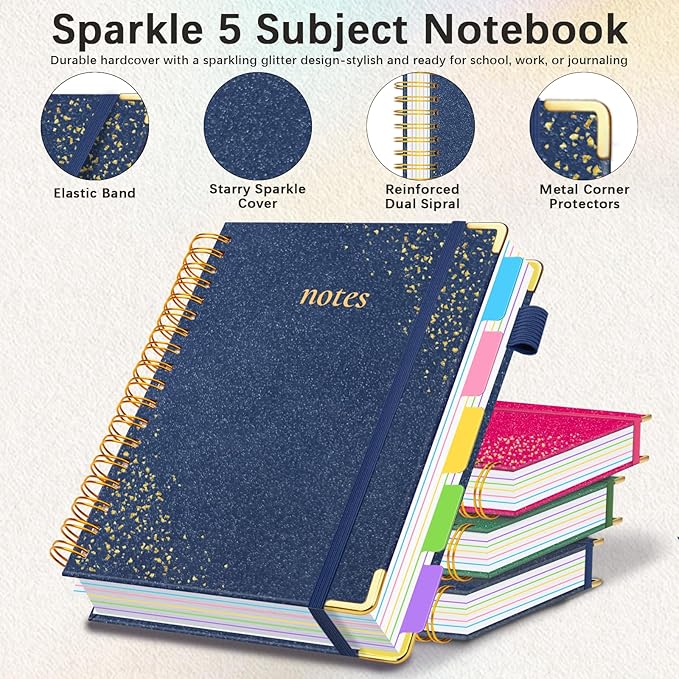 Hardcover Spiral Notebook with Removable Dividers & Tabs, 8"x10" 5 Subject Notebooks for Work, 300 Pages College Ruled Notebook, B5 Sparkle Lined Journal for Women Girls Note-Taking (Dark Blue)