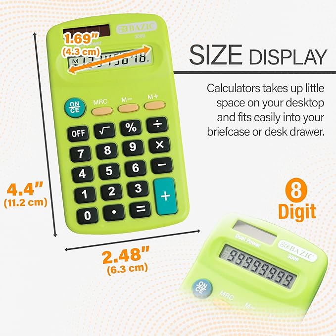 BAZIC 8-Digit Dual Power Pocket Size Calculator (Color May Vary)