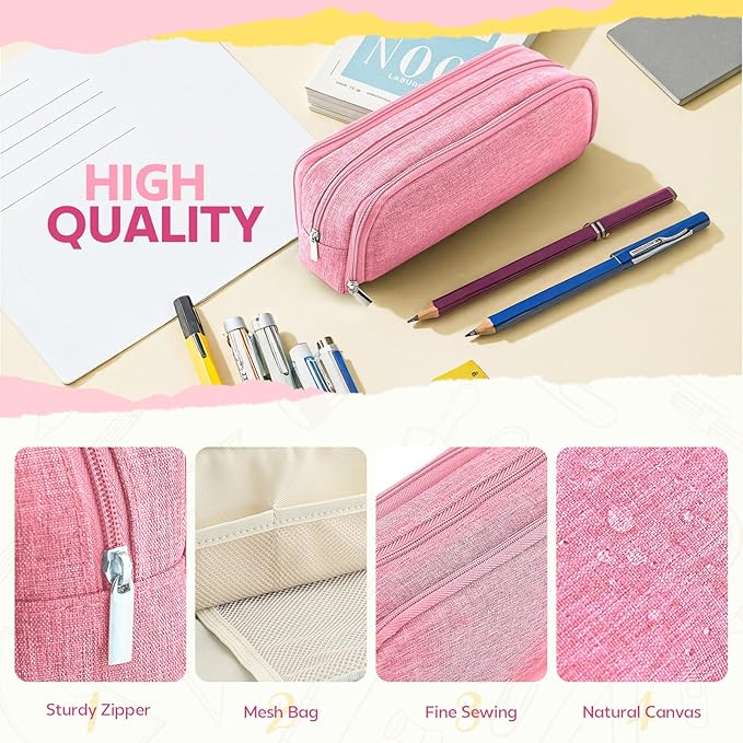 Large Capacity Pencil Case Pencil Pouch Pen Bag with 3 Compartment Stationery Organizer with Zipper, School Supplies Organizer for Teen Adults (Pink)