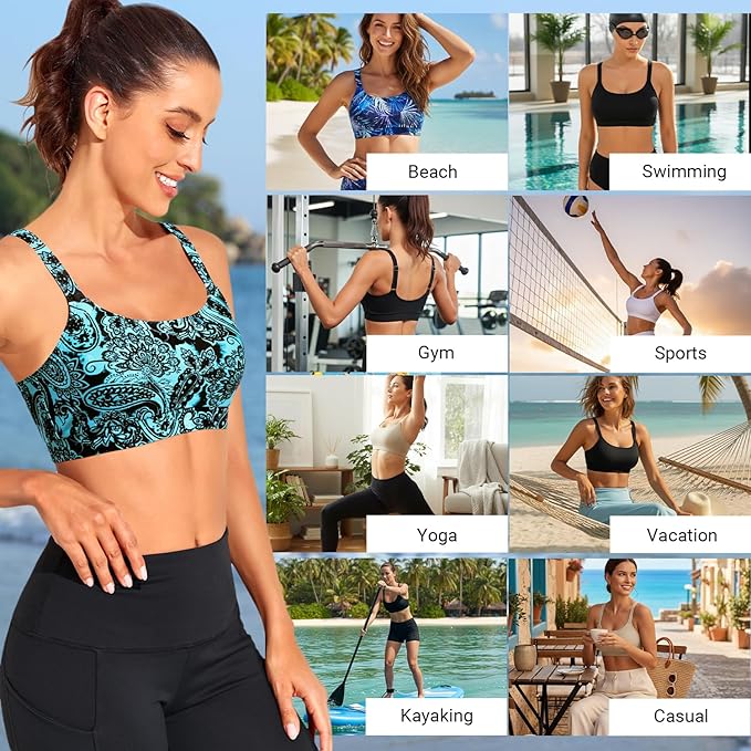Tempt Me Women Sports Bra Bikini Tops Scoop Neck Bathing Suits Top Padded Swim Crop Tops Only