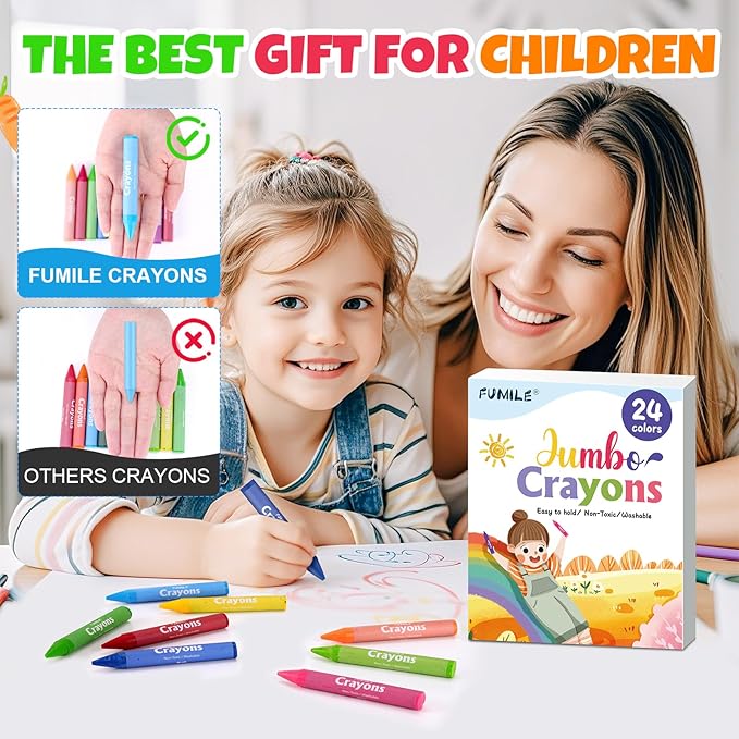 24 Colors Jumbo Crayons for Toddlers 1-3, Non-Toxic, Washable Crayon for Kids Ages 4-8, Easy to Hold and Unbreakable Big Toddler Crayons for Toddler Coloring.Best Gift for Holiday, Travel and Art