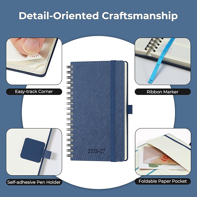 Planner 2026-2027 Daily Weekly and Monthly,6.5"x3.75",18 Months Spiral Bound Calendar Agenda with Self-adhesive Pen Holder,2026 Academic Plan with Vegan Leather Soft Cover,Blue