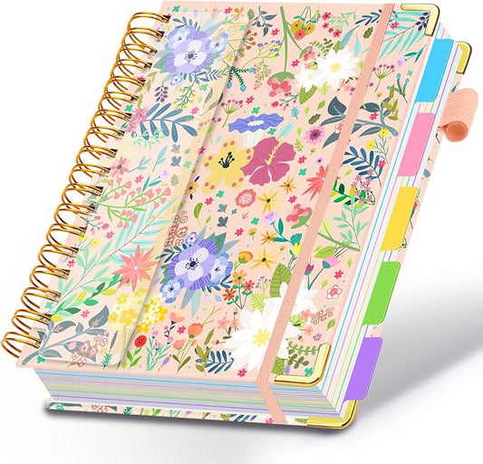 Spiral Journal Notebooks for Work, 300 Pages 5 Subject Notebook College Ruled with Dividers & Tabs, Notebook Journal for Women Students Note-Taking and Organizer (Beige Bloom, 8.5''x 11'')