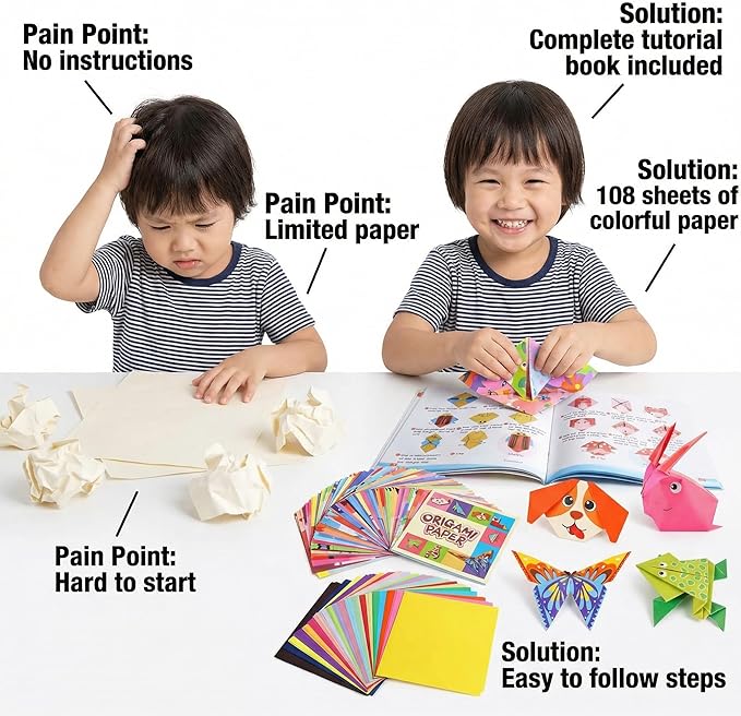 208 Sheets Kids Craft Origami Paper Kit, Cartoon Pattern Folding Paper Set with Guiding Book, DIY Art Craft Supplies for Kids Ages 5-8 8-12 Boys Girls Gifts Activity