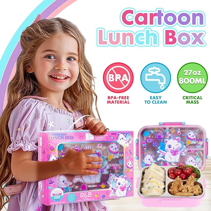 Stainless Steel Bento Lunch Box for Kids, 800ml/27oz BPA-Free Leak-Proof Food Containers with 3 Compartments, Freezer & Dishwasher Safe, Back to School Students Lunches Size for Ages 3-7