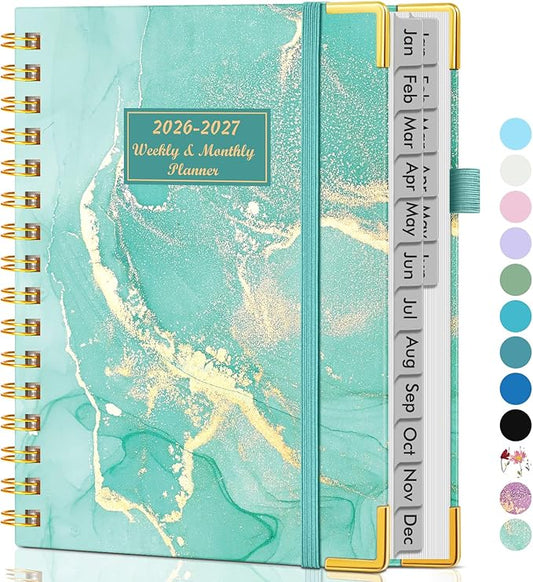 Planner 2026-2027, 18 Months Weekly and Monthly Hardcover Planner, January 2026 - June 2027, 5.75" x 8.38" A5 Daily Calendar Planner Book with Tabs, Spiral Yearly Agenda Organizer Notebook for School Work Home, Teal Marble