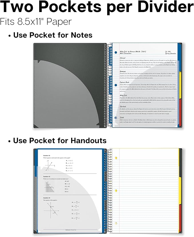 Dunwell 3-Subject Notebook College Ruled 8.5 x 11 (Black), 150 Sheets (300 Pages), Spiral Notebook 8.5x11 with Tabs, Movable Dividers, Storage Pockets, Protective Plastic Covers