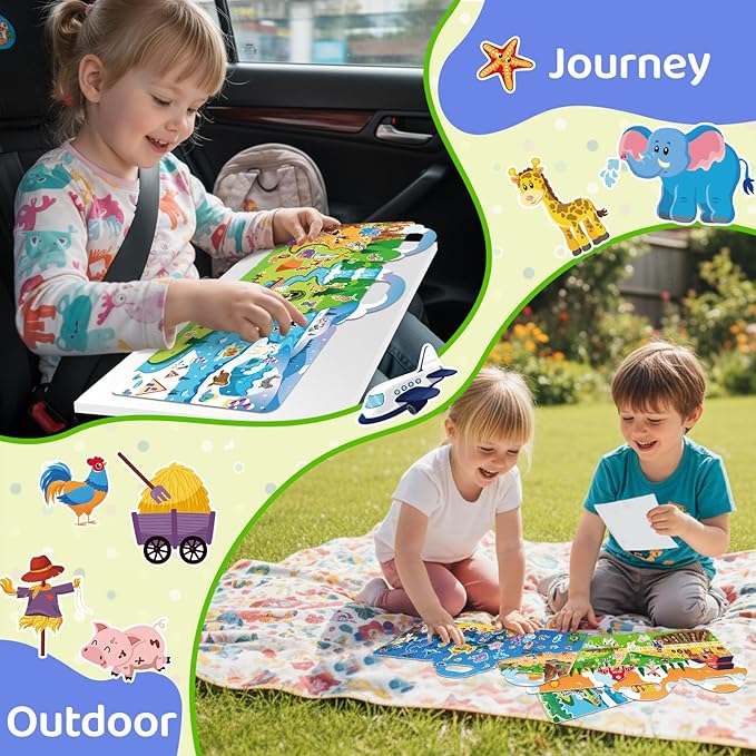 Jelly Sticker Books for Toddlers 2-4 Years, 4 Sets Reusable Sticker Books for Toddlers 1-3, Travel Toys Stickers Activity Book for Ages 2 3 4 5 6 Boy Girl Birthday Gifts (4Sets-Collection 1)