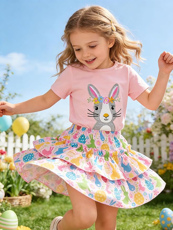 Little Girls Skirt Set - 2 Piece Short Sleeve Top Shirred Tiered Skirt Outfit Girls Spring Summer Clothes 3-8 Years