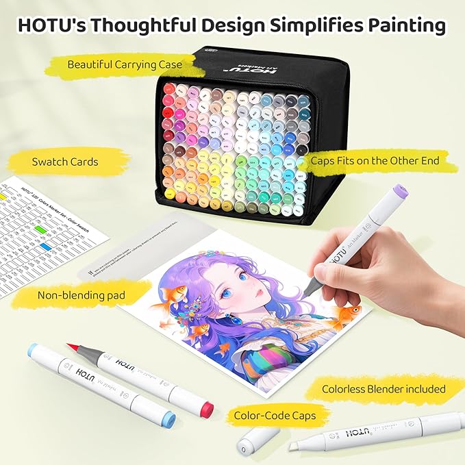 HOTU 120 colors Alcohol Markers Brush Tip&Chisel Tip, 96 Vibrant Colors&24 Skin tone set, Upgraded Brush tip Alcohol-based Markers for Adult Coloring Books, Illustration&Drawing- CPC Certificated