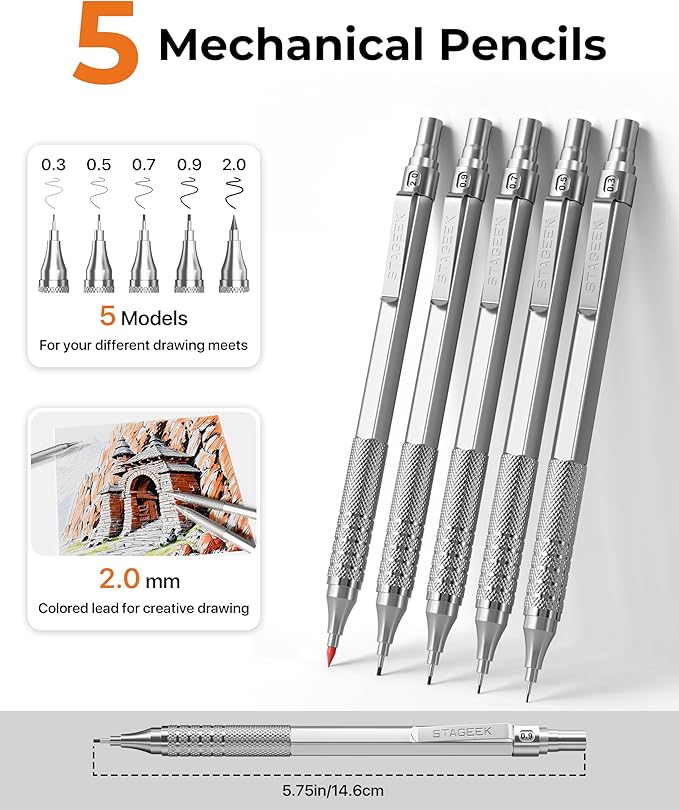 STAGEEK Metal Mechanical Pencil Set in Leather Case, 5PCS Art Drafting Pencil 0.3, 0.5, 0.7, 0.9 & 2mm Lead Holder, 9 Tube (4B 2B HB 2H Colors) Lead Refills for Drawing, Sketching, Writing (Silver)