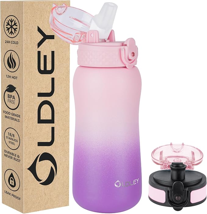 Oldley Insulated Water Bottle 12oz Kids Water Bottles with Straw, Stainless Steel Water Bottle with 2 Lids,Double Wall Vacuum Bottle, Leak-Proof Sport Bottles for School Travel, Ombre Pink-Purple