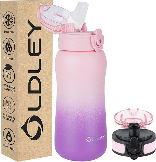 Oldley Insulated Water Bottle 12oz Kids Water Bottles with Straw, Stainless Steel Water Bottle with 2 Lids,Double Wall Vacuum Bottle, Leak-Proof Sport Bottles for School Travel, Ombre Pink-Purple