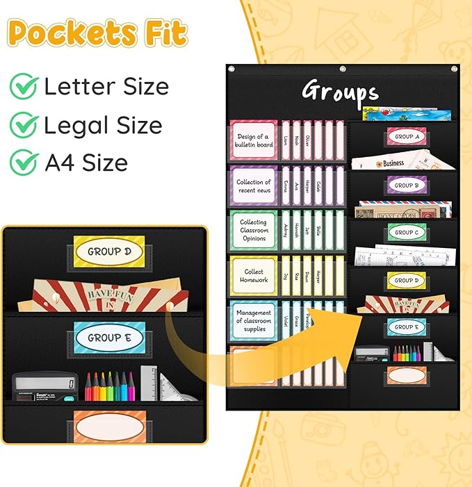 AKAYOK Small Group Pocket Chart with 84 Colorful Dry Erase Cards, Classroom Jobs Chart with 6 Pocket Wall Hanging File Folder, Pocket Chart for Classroom,Office,Home, Small Group Classroom Must Haves