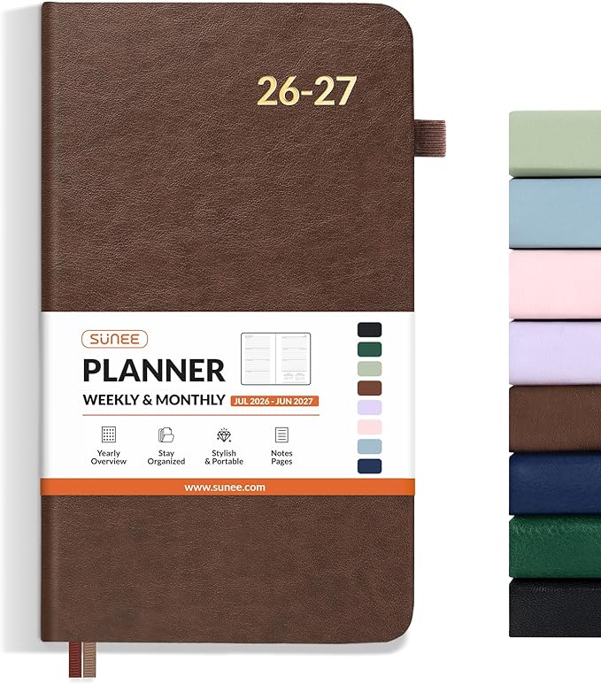 SUNEE 2026-2027 Pocket Weekly Planner for Purse 3.5" x 6" - 12 Month (July 2026 - June 2027) Academic Year Calendar, Pocket Size Planner, Hardcover, Note, 100 GSM Paper, Brown