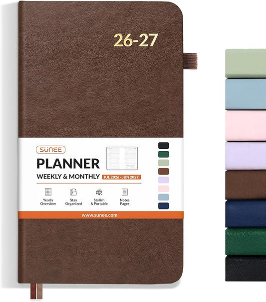 SUNEE 2026-2027 Pocket Weekly Planner for Purse 3.5" x 6" - 12 Month (July 2026 - June 2027) Academic Year Calendar, Pocket Size Planner, Hardcover, Note, 100 GSM Paper, Brown