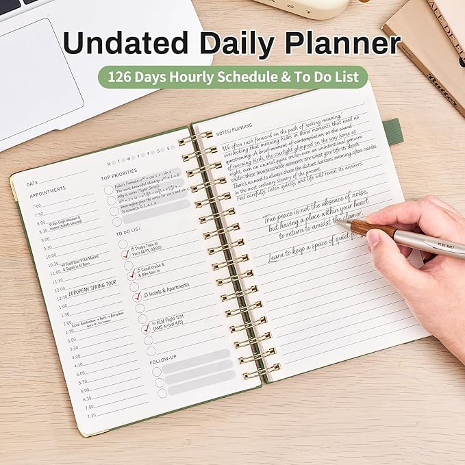 Ovesmusl Undated Daily Planner - 126 Days Hourly Schedule & To Do List - A5 PU Leather Hardcover Spiral Notebook planner with stickers, Metal Corner Protectors & Back Pocket for Work & School, Green