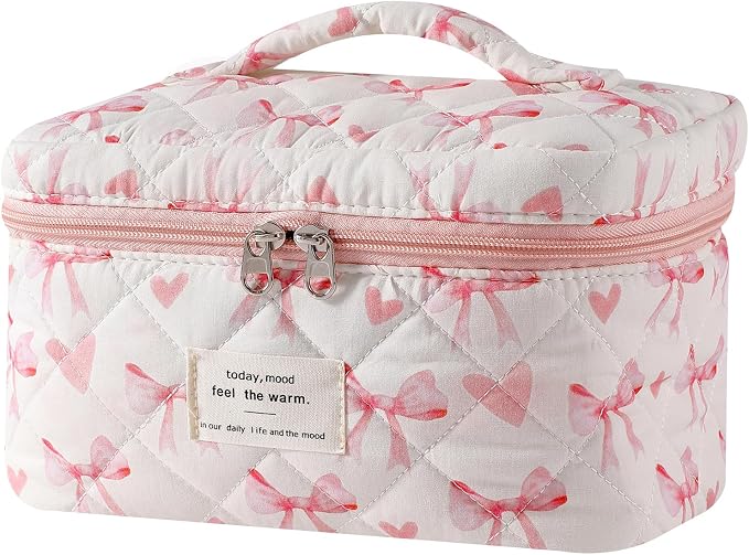uekeboag Large Travel Quilted Makeup Bag for Women | Soft Floral Cotton Cosmetic Bag, Foldable Coquette Aesthetic Toiletry Organizer