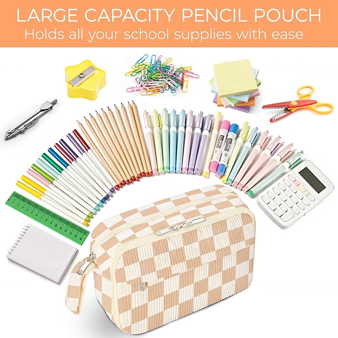 WOBAGMEN Cute Pencil Case,Large Corduroy Zippered Pencil Case Pouch, aesthetic Pencil Bag with Compartments, Pencil Pouch School Supplies (HY-corduroy pc-checked)
