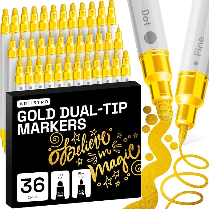 ARTISTRO 36 Gold Dual-Tip Acrylic Paint Markers – Paint Pens Set with Dot & Fine Tips for Fabric, Rock, Glass, Wood, Coloring Books – Arts & Crafts Gift – Classroom Must Haves & School Supplies