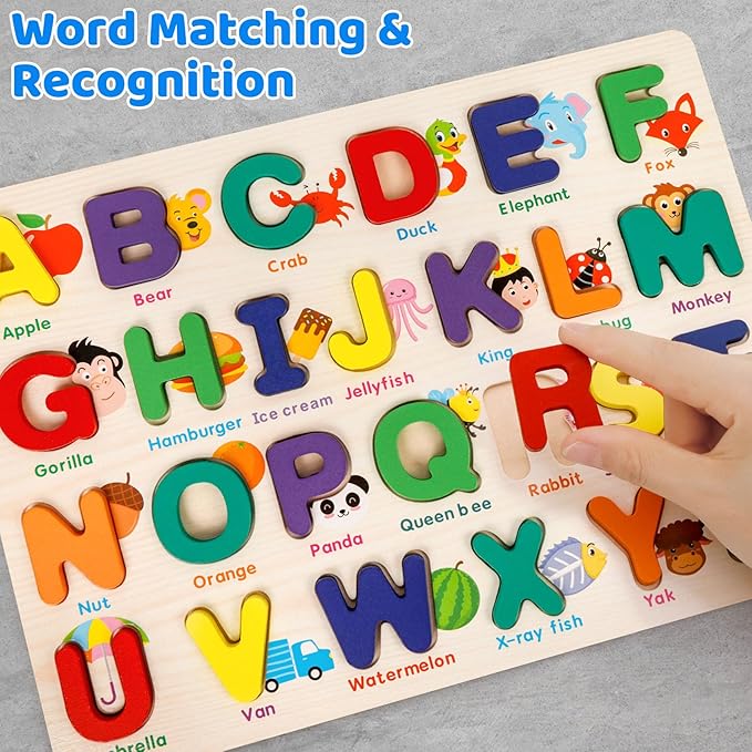 Alphabet Puzzle Wooden Puzzles for Toddlers, ABC Shape Learning Toddler Toys with Board & Letter Blocks, Preschool Educational Toys for Girls Boys, Pattern Alphabet