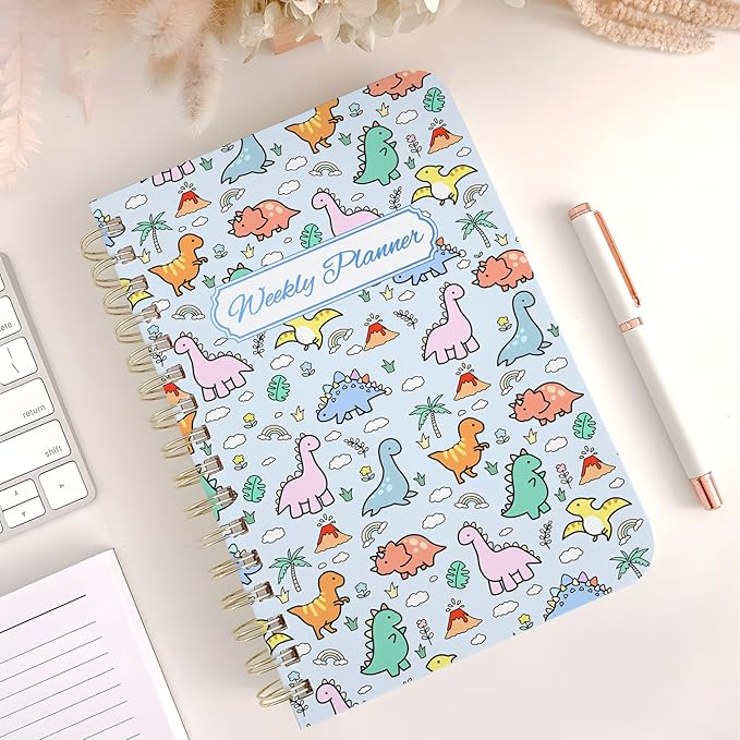 Weekly Planner Undated - 52 Weeks To Do List Notebook A5 for Work: Weekly Task, Habit Tracker Journal, Goal Setting, Agenda Sprial Bound Organizer Book for Women Cute Stylish Design, Dino