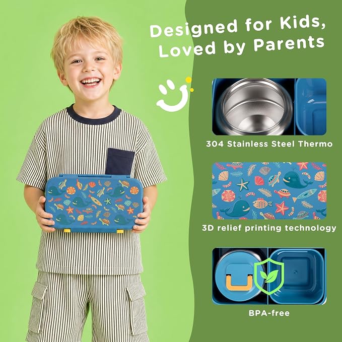 Bento Lunch Box for Kids With 8oz Food Thermo,BPA-Free for School | Lunch Container with 2 Compartments, Insulated Food Jar, Dishwasher Safe, Easy to Clean, Lunch Box for Girls Boys