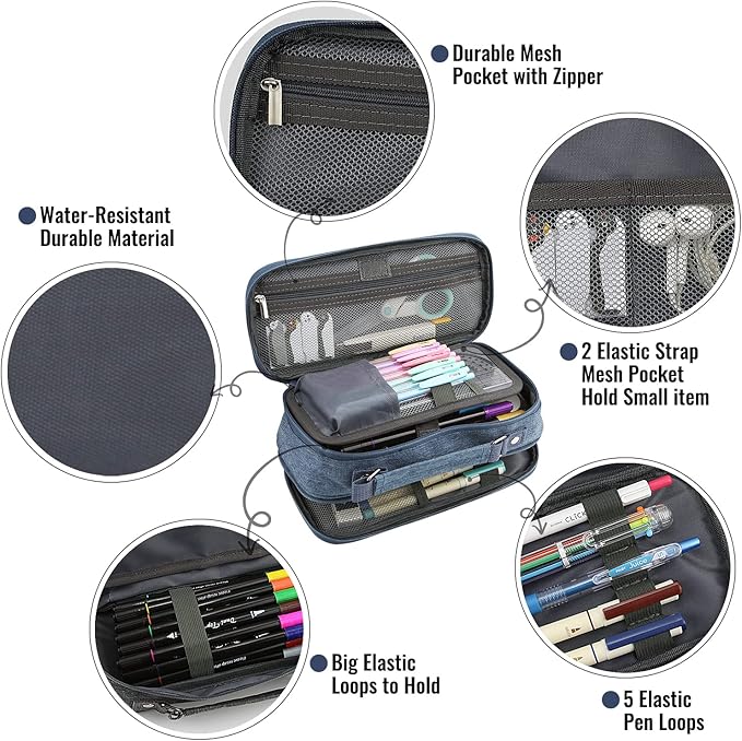 JOINPRO Large Capacity Pencil Case, 4 Compartment Pen Pouch Organizer with Double Zipper, Storage Bag for School, Office, Teen Girl Boy Men Women