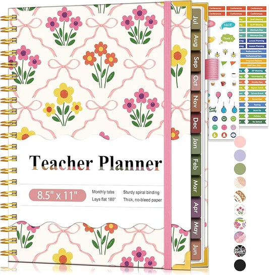 Teacher Planner 2026-2027, July 2026 - June 2027, Academic Weekly & Monthly Calendar Planner with Tabs, 8.5" x 11" A4 Teacher Lesson Plan Book with 7 Periods, Daily Agenda School Organizer for Teacher Student Homeschool, Bowknot Flowers