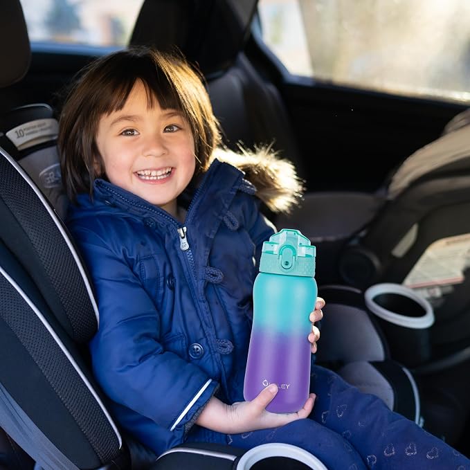 Oldley Insulated Water Bottles 12oz Kids Water Bottle with Straw, Stainless Steel Water Bottle with 2 Lids, Double Wall Vacuum Bottle, Leak-Proof Sports Bottles for School Travel, Green Purple