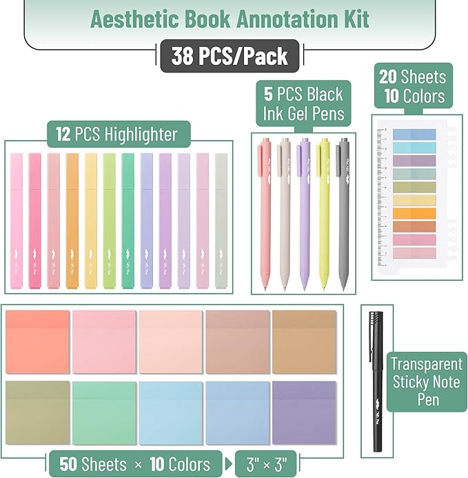 Mr. Pen- Aesthetic Book Annotation Kit, 38 pcs, 12 No Bleed Aesthetic Highlighters, 5 Gel Pens Black Ink, 700 Transparent Sticky Notes & Tabs for Study, Bible Journaling, Planner, Mothers Day Gift
