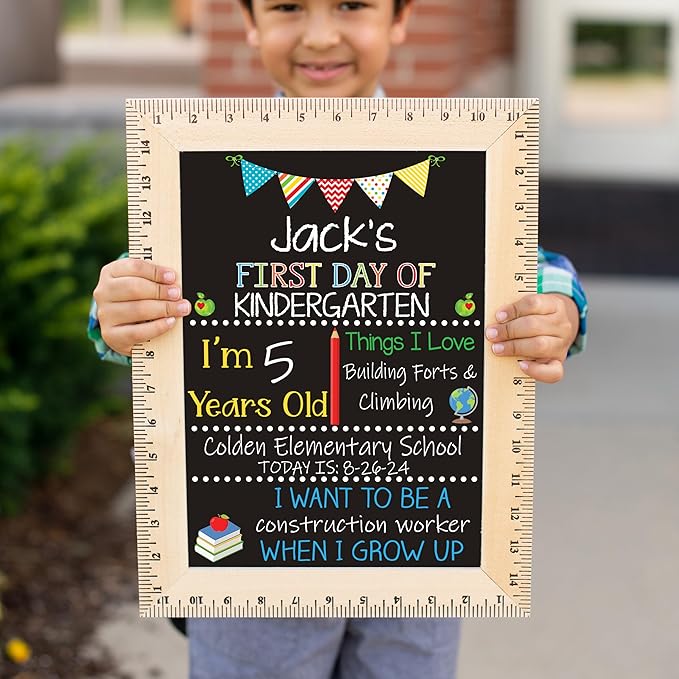 Bloom Owl First Day of School Chalkboard Sign - 11.5"x15" Reusable Back to School Photo Prop with Wooden Ruler Frame for Preschool, Kindergarten, and Beyond