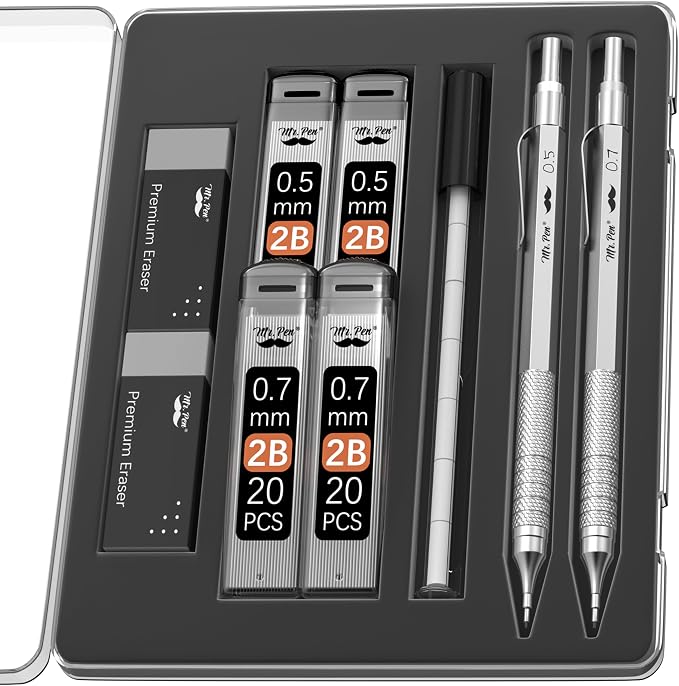 Mr. Pen- Metal Mechanical Pencil Set with Lead Refills & Erasers, 2 Pack | 2 Sizes, 0.5 & 0.7mm, 4x Tubes 2B Lead Refill, 2x Erasers for School Supplies, Note Taking, Drawing, Sketching, Office